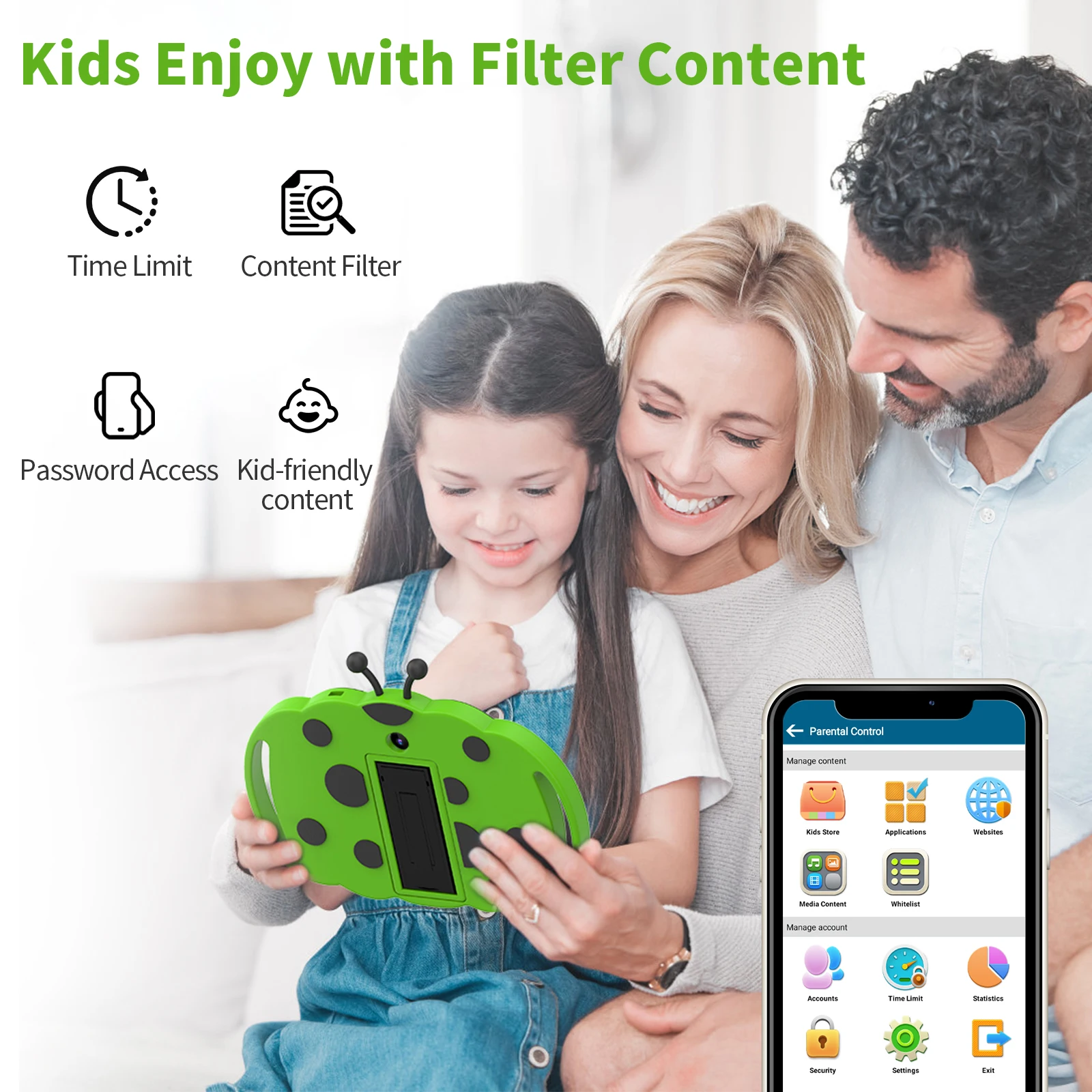 PRITOM Kids Tablet de 7 polegadas para crianças 32GB ROM Android 13 Bluetooth, WiFi, GMS, controle parental, câmera dupla, capa à prova de choque