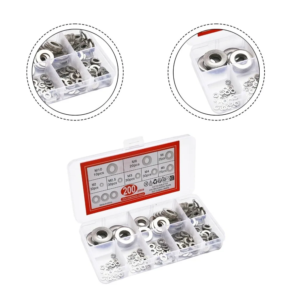 200pcs Flat Round Washers Carbon Steel Q235 Copper Plated 2mm to 10mm Diameter Thickened Design for Mechanical Repair