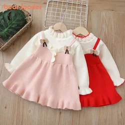 Bear Leader Autumn Winter Cute Birthday Party Girls Clothes Bow Ruffle Hem Fake 2 Piece Sweater Dress Kids Dresses for Girls