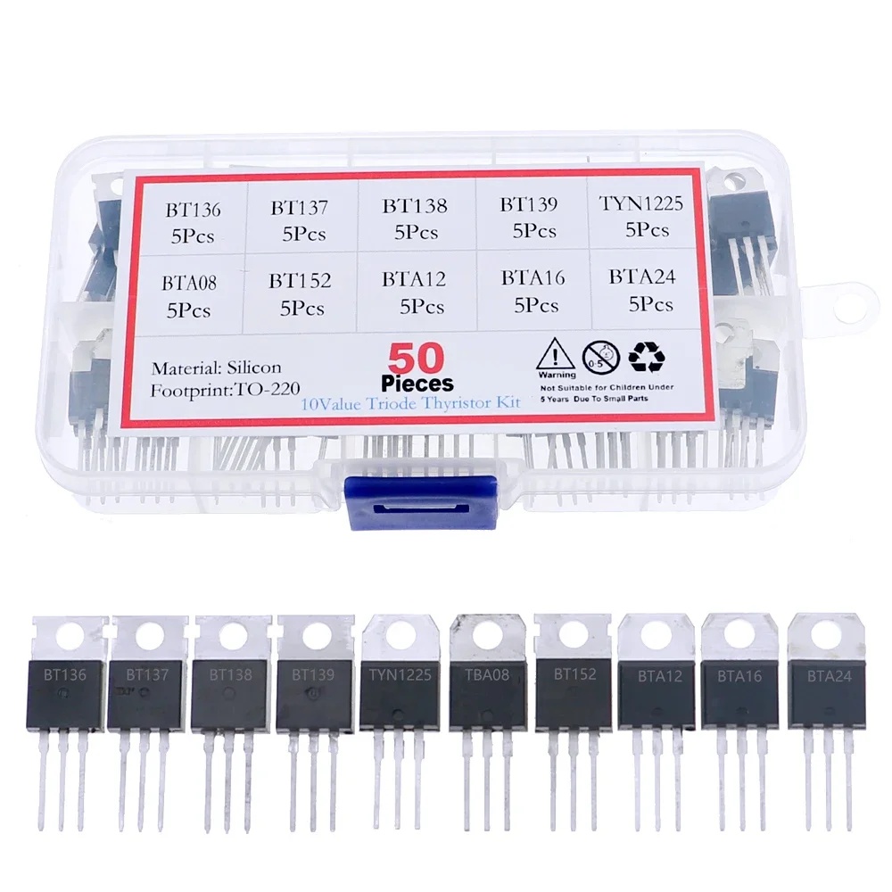 50Pcs 10 Values Triode Thyristor Kit Box BT136-600E BT137 BT138 BT139 TYN1225 BTA08 BT152 BTA12 BTA16 BTA24-600B