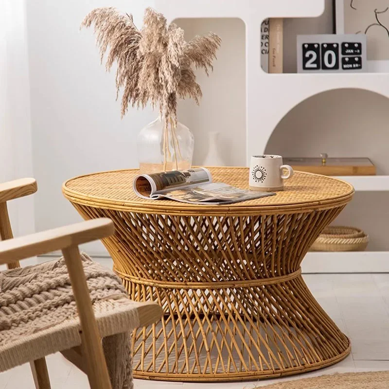 Vintage Rattan Side Table Asian Retro Wabi Sabi End Table with Distressed Finish Living Room Sofa Japanese Style Natural Decor