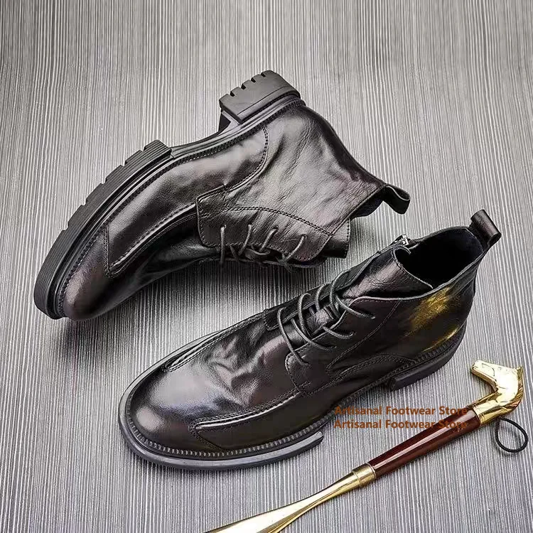

Thick Soled Men's Boots British Style Autumn Winter Classic New High Top Boots Side Zipper Boots Business Round Toe Men's Boots