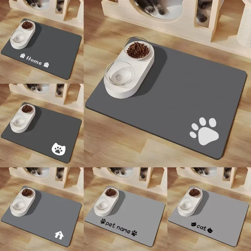 Minimalist Pet Feeding Mat for Pets Dirt-Resistant Scratch-Proof Spill-Proof Dark Color Paw Print & Bone Patterns Non-Slip