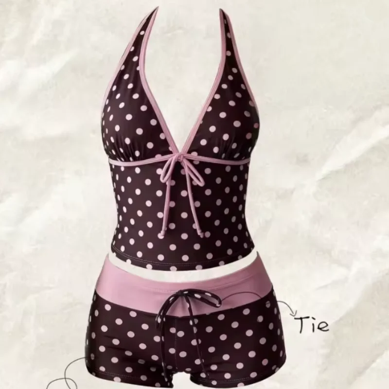 Women Swimwears Polka Dot 2-Piece Tankini Set Halter V Neck Front Tie Cami Top & Contrast Waistband Drawstring Swim Shorts