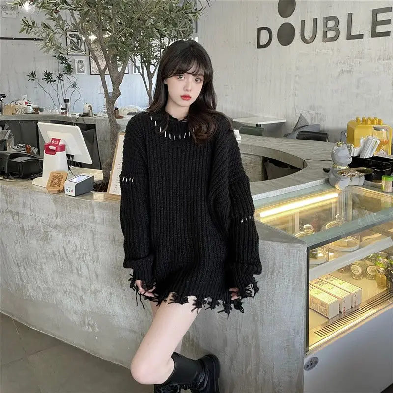 Deeptown Black Ripped Sweater Women Vintage Knitted Jumper Korean Fashion Knitwear Goth Streetwear Oversize Aesthetic Streetwear