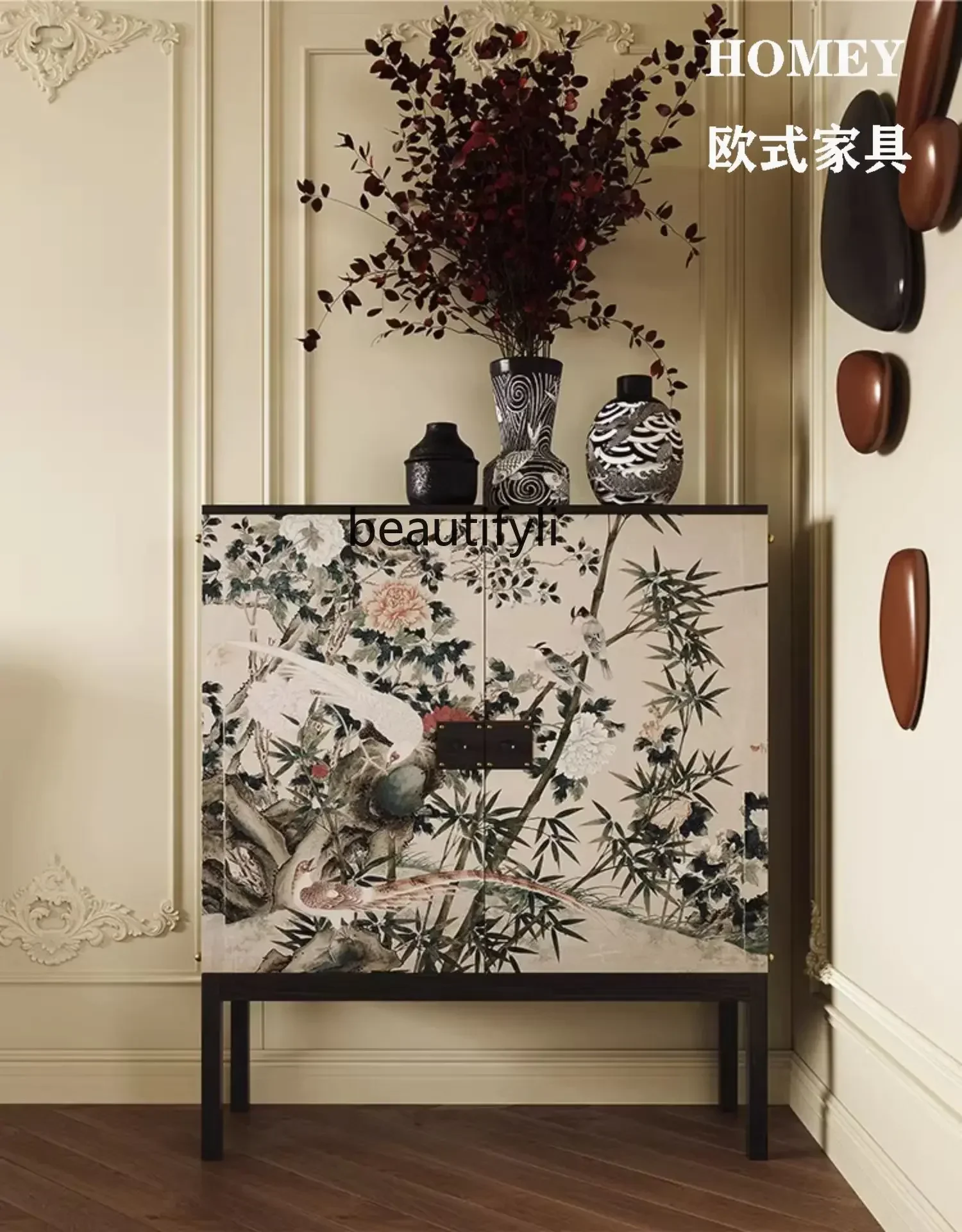 

Cy56 French retro painted chest cabinet decorative cabinet new Chinese tall solid wood porch locker