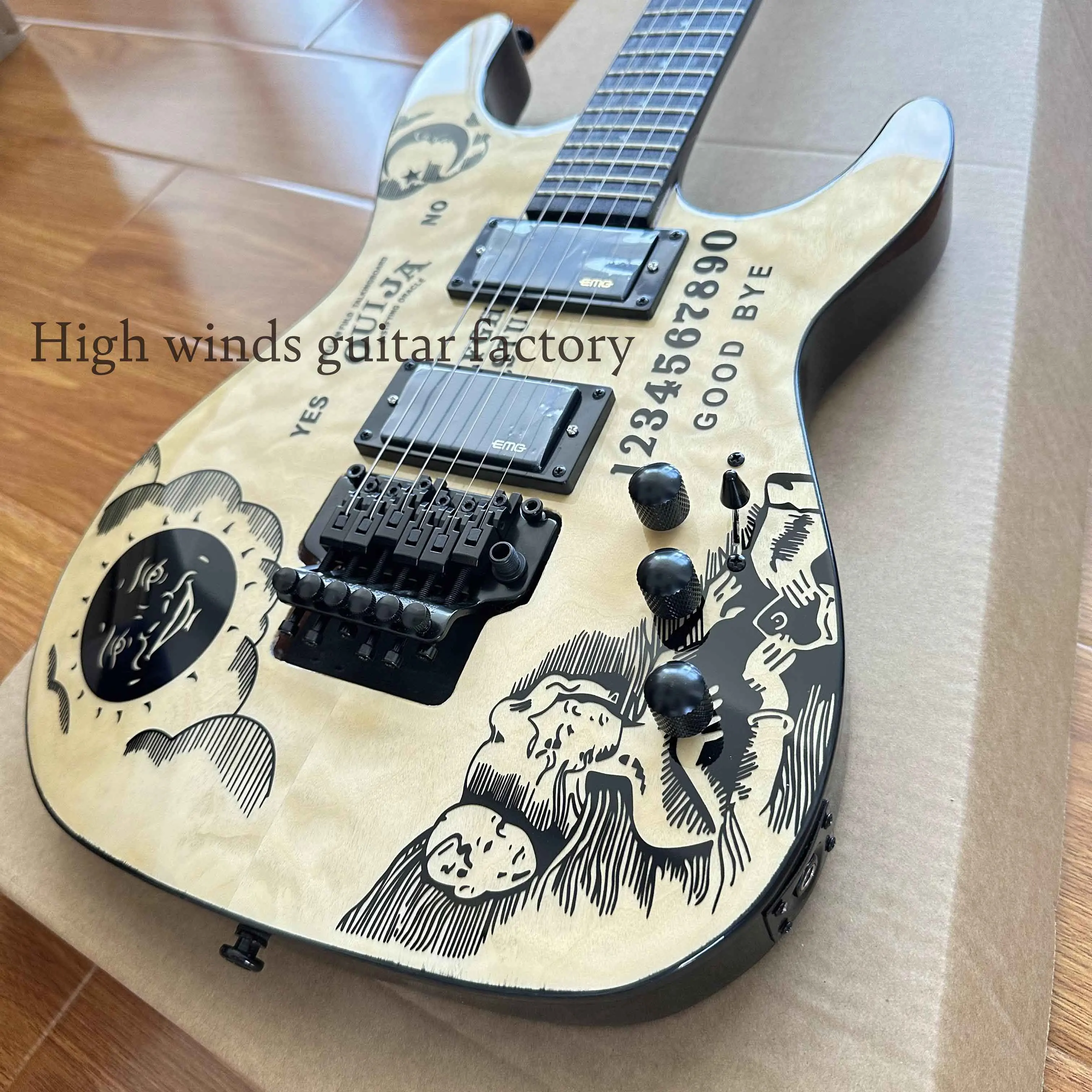 Solid Body custom wood colored Ouija electric guitar with moon-free delivery