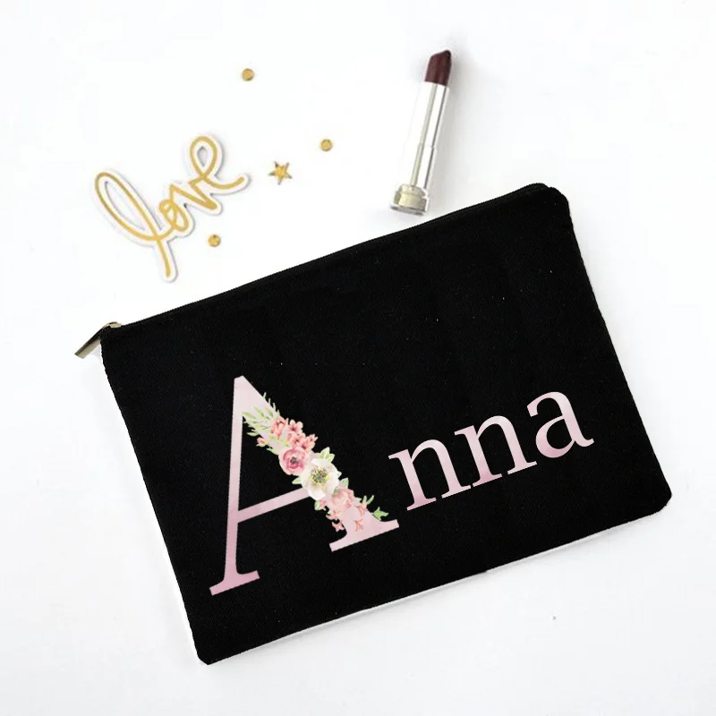 Nome personalizado saco de maquiagem feminina lona preta casos cosméticos bolsa de dama de honra viagem kawaii festa de solteira presentes de casamento bolsa