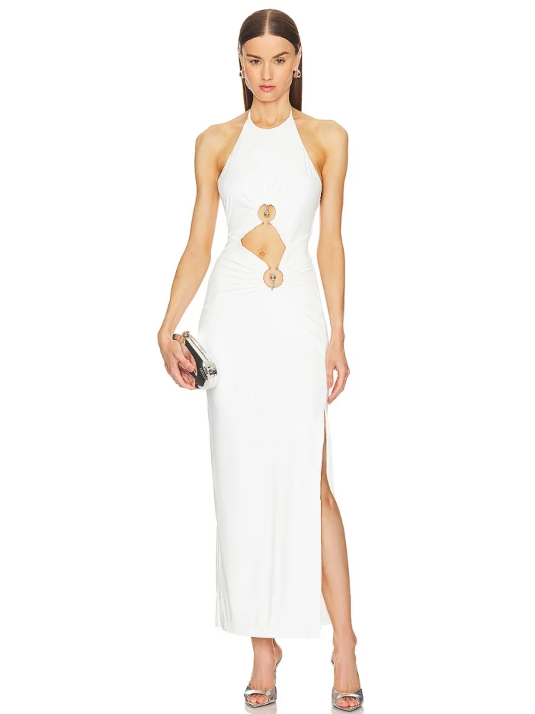 Women Summer Luxury Sexy Halter Cut Out White Long Gowns Celebrity Elegant Evening Party Club Dress