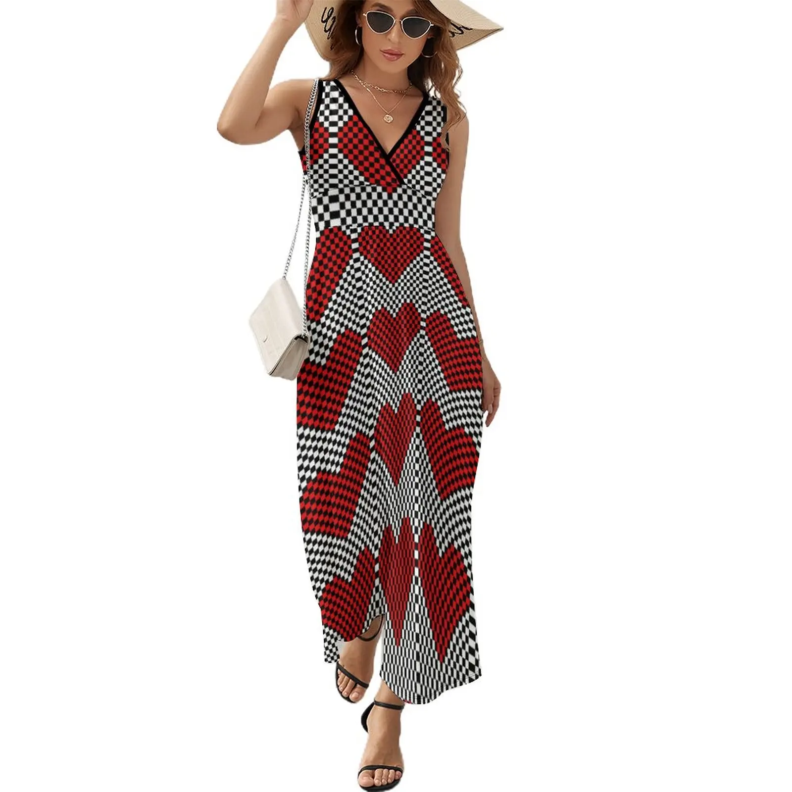 

Heart-shaped Checkered Dress Club Maxi Dress V Neck Design Bohemia Long Dresses Streetwear Oversize Vestidos