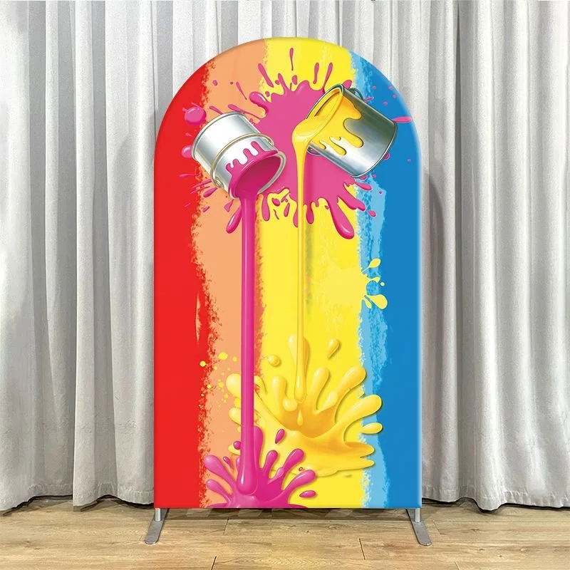 Elastic Double-layer Arch Backdrop Cover Vibrant Art Theme Backdrop for Parties Paintbrushes Colorful Splashes Palette Design