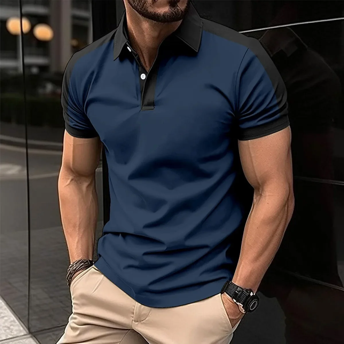 Men's Color Block Short Sleeve Polo Shirt- Contrast Collar Raglan Sleeve Casual Golf Top