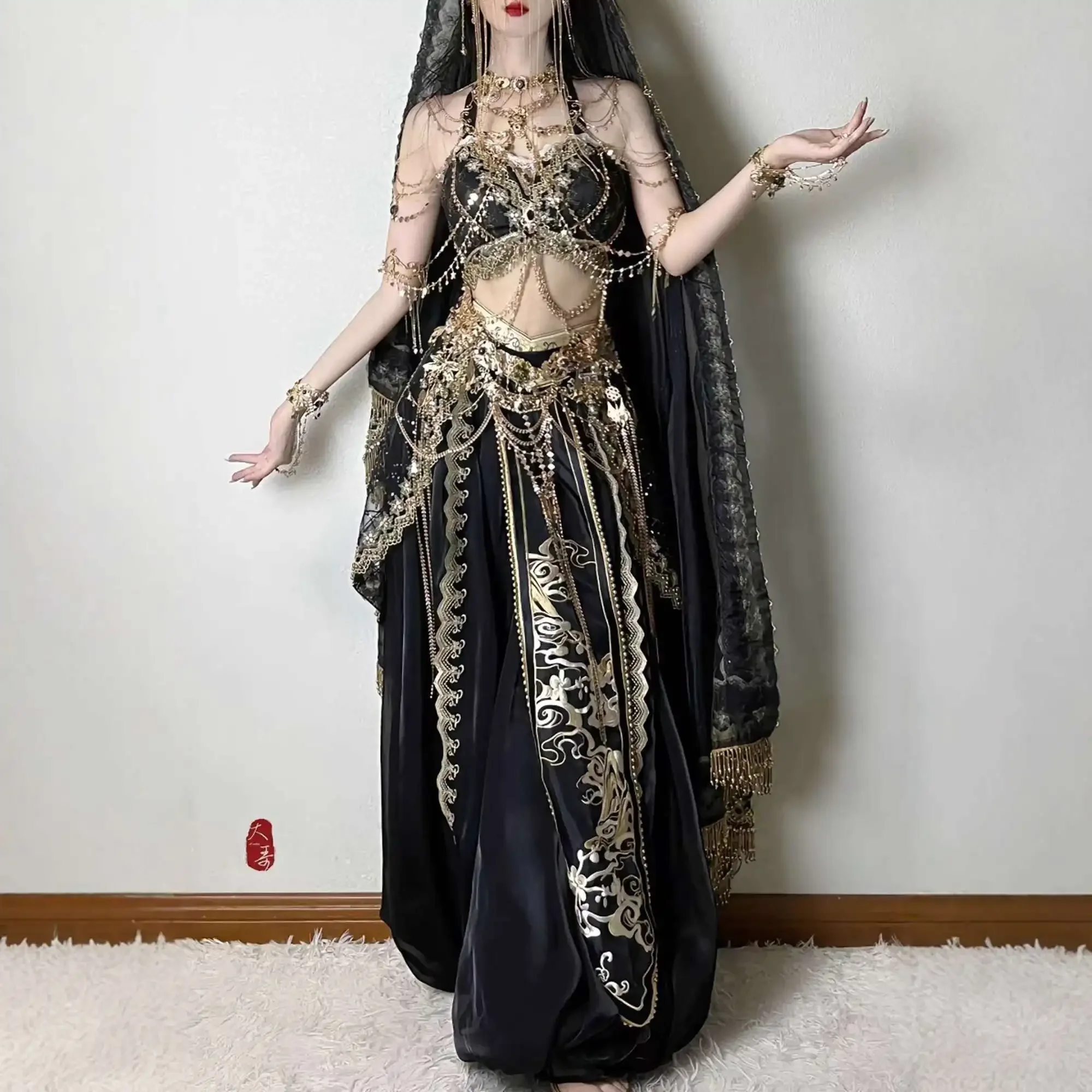 둔황 플라잉 아파사라스 블랙 코스프레 드레스 세트 튜브 탑 얀 스커트 베일 및 장신구 포함 공주 여행 촬영 의상