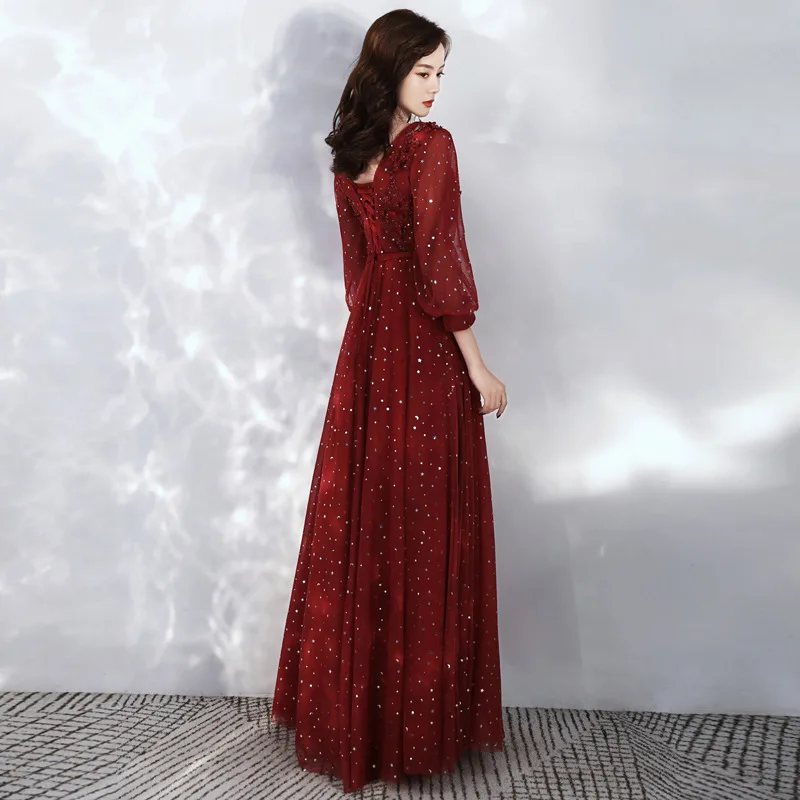 New Long Formal V-Neck Beading Evening Dresses DongCMY Burgundy Bandage Plus Size Sequin Elegant Mother of Dresses