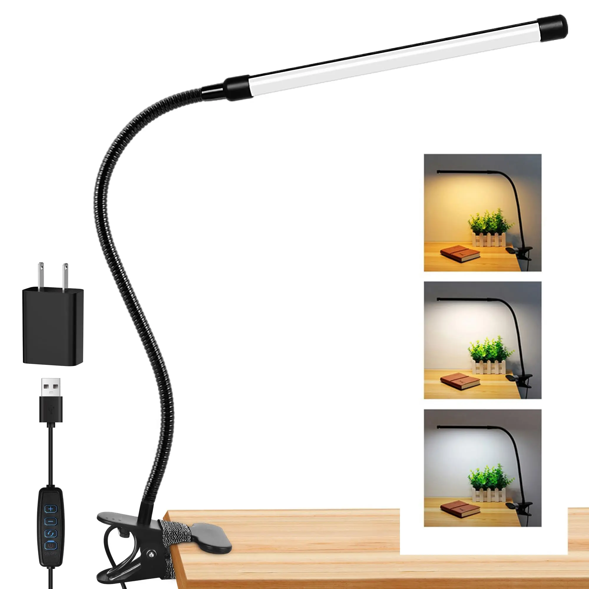 

LED clip-on reading light,with 3 modes and 10 adjustable brightness levels,for bedside,workbench,drawing,USB Adapter Included