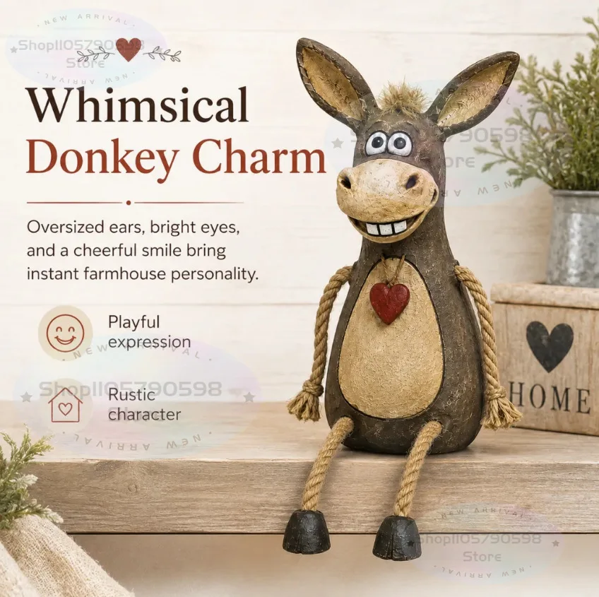 2026 Rustic Farmhouse Whimsical Donkey Shelf Sitter | Hand-Painted Resin Donkey Figurine,Heart Detail Vintage Table Decor