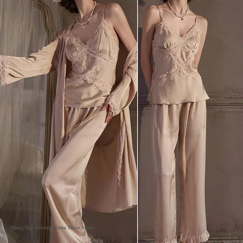Sexy Lace Bathrobe Pajamas 3PCS Set Spring Summer New Ice Silk Sleepwear Loungewear Loose Casual Trouser Pijamas Suit Lingerie 4