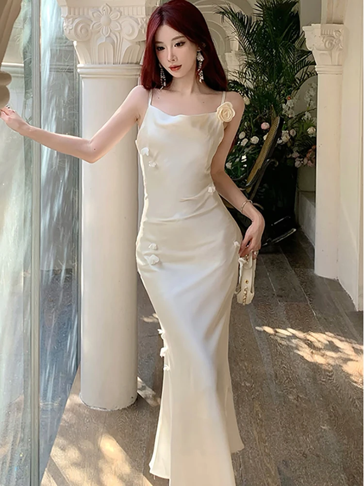 

Женское винтажное платье в стиле Хепберн, белое Элегантное Длинное Платье на бретельках с аппликацией и оборками, лето 2024