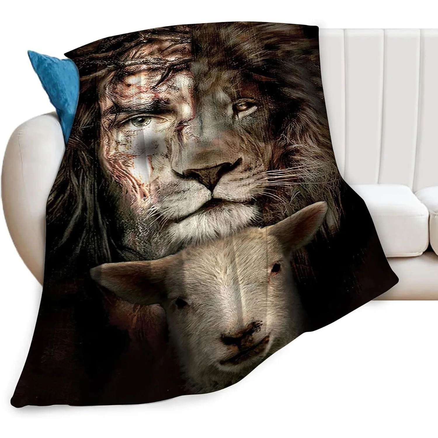 Christian Jesus Lion Lamb Throw Blanket Soft Warm Cozy Fleece Bedding Blanket for Women Bed Couch Sofa 50x40inch