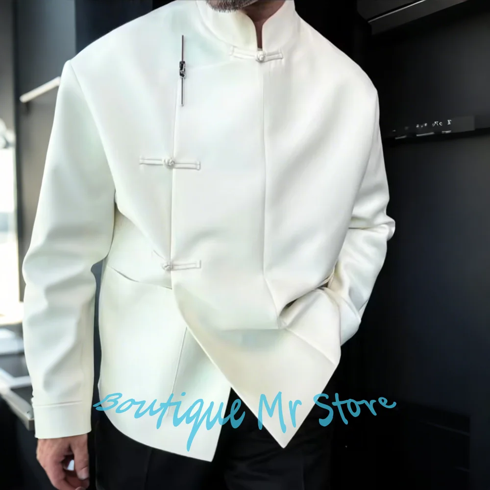 Elegant Men’s White Mandarin Collar Suits New Chinese Style Single Frog Button Two Piece Set Formal Party Wedding Guest Costume