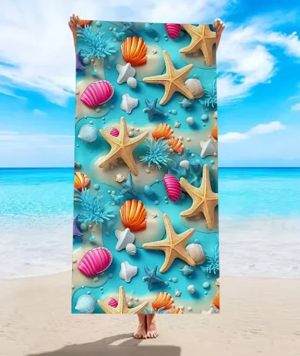 Oversized Quick Dry Beach Towel, Assorted Prints Starfish Seashell Sea Turtle Sand-Free Microfiber Towel