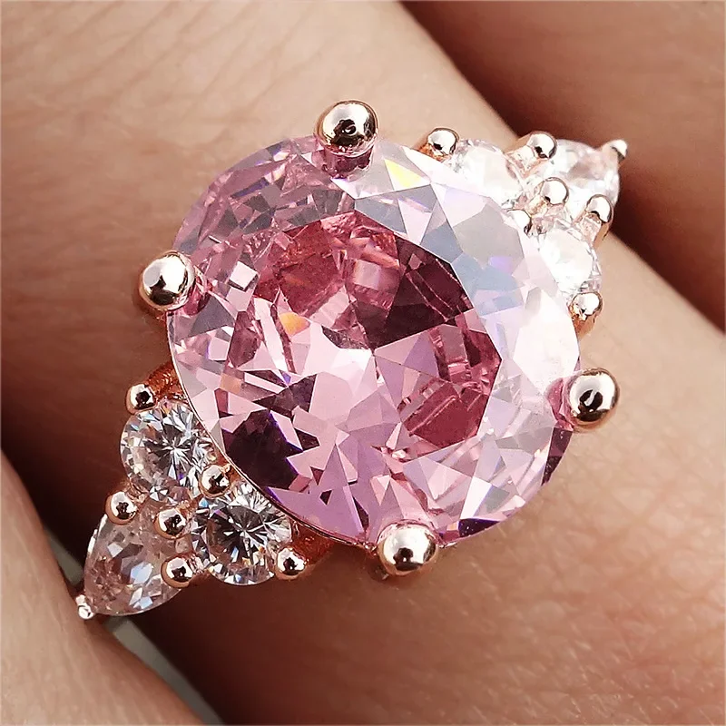 Big Oval Stone Pink Zircon Ring Female Luxury Crystal Engagement Rings For Women Vintage Rose Gold Silver Color Wedding Jewelry image 3