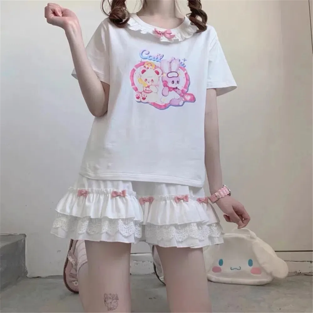 Ruffle Lace Bow Patchwork Kawaii White Mini Skirts Women Harajuku Elastic High Waist Pleated Skirt Japanese Sweet Lalita Girl