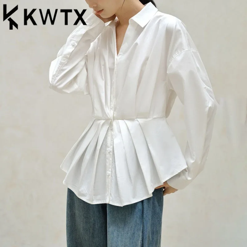 

KWTX весна-лето 2025 женская рубашка-топ с завязкой на талии и складками, однотонная минималистичная легкая шикарная роскошная дизайнерская блузка