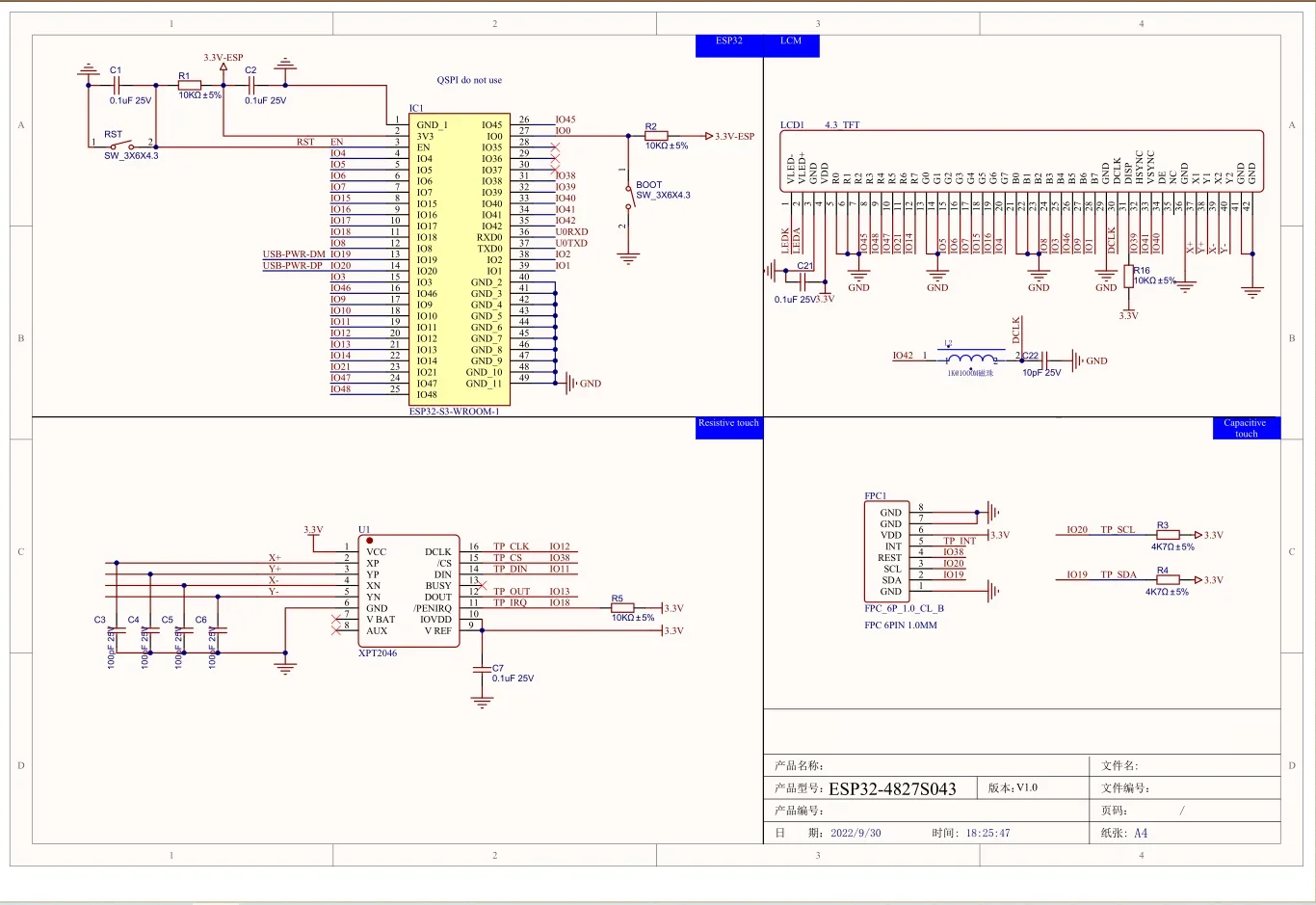 ESP32-4827S043C 4.3 pouces ESP32 Module d'affichage LCD 480X272 ESP32-S3-WROOM-1 4.3 "écran tactile capacitif pour maison intelligente Arduino