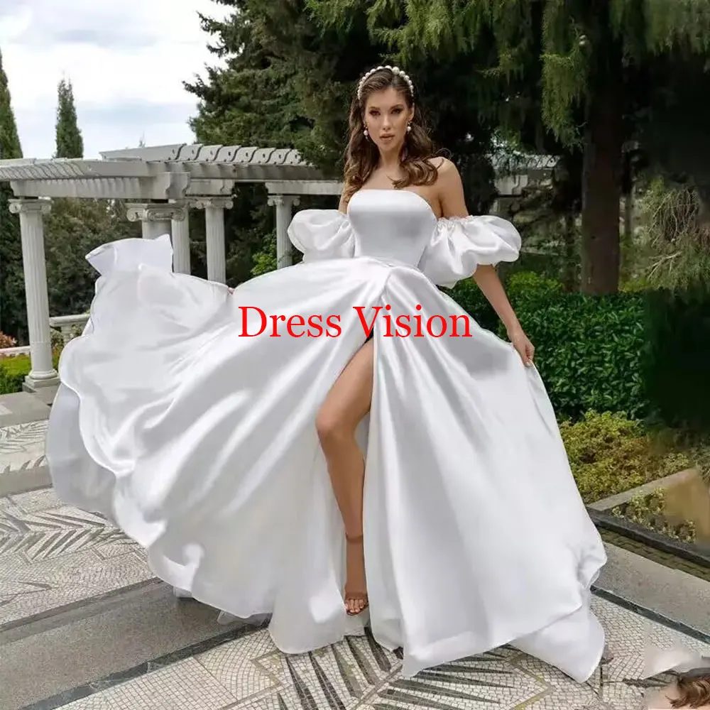 

Strapless Short Puffy Sleeves Wedding Dresses Sexy Side Split Backless Sweep Train Female Dress Vestidos Elegantes Para Mujeres