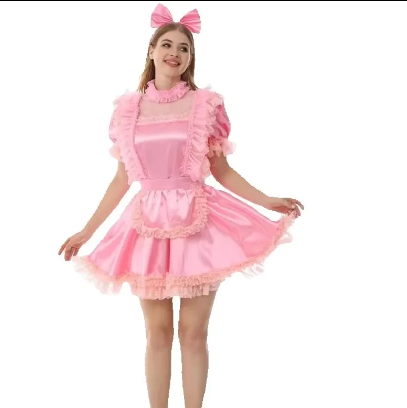 

Sweet Pink Sheer Pleated Front with Smooth Satin Short Sleeved Lace Lock Edge Independent Apron Fetishistic Sissy Dress