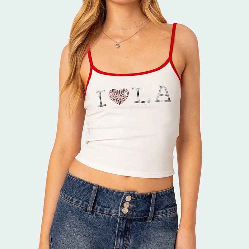 تي شيرت صيفي 2025 غير رسمي بدون أكمام عتيق بحجر الراين وأكمام قصيرة تي شيرت Y2k بدون أكمام بحمالات تي شيرت نسائي ملابس عتيقة