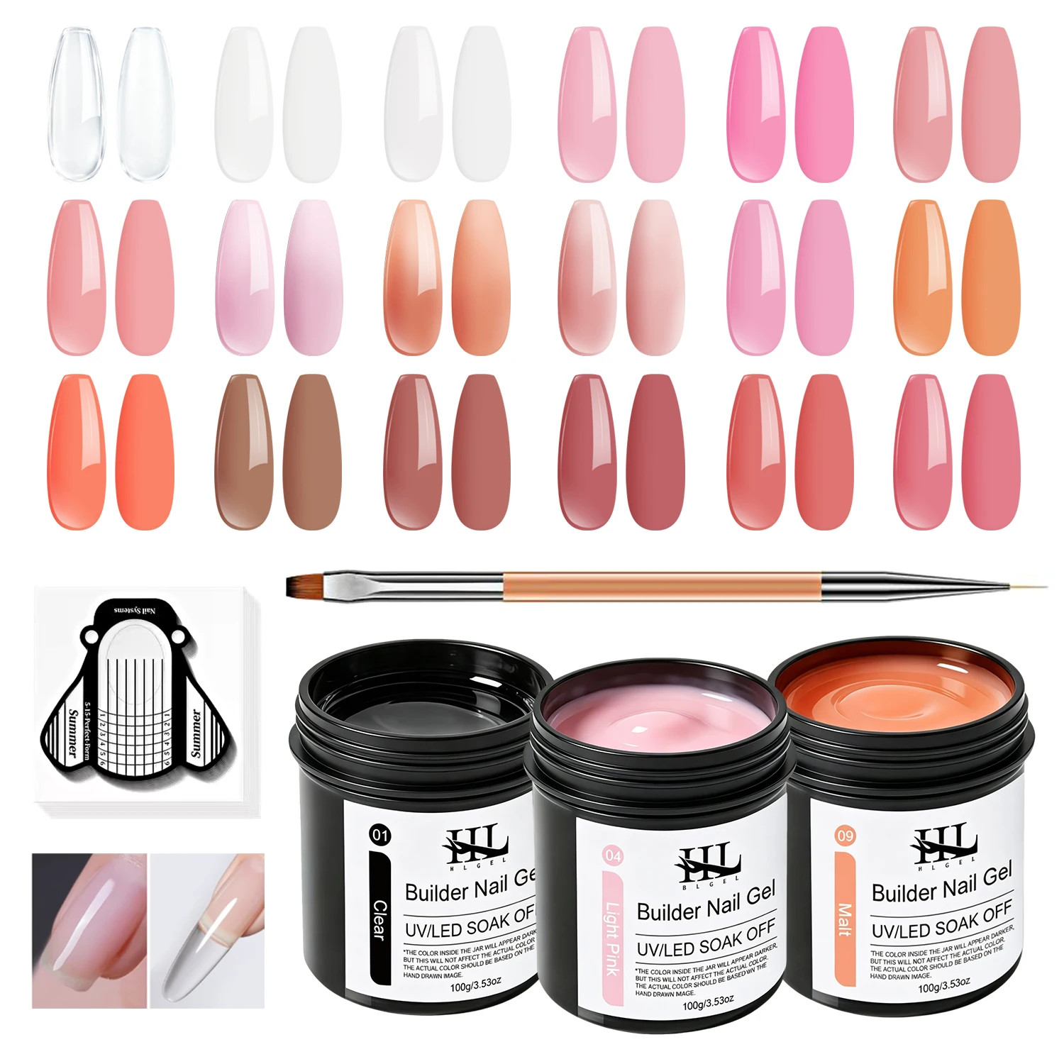 18 Colors Nude Builder Nail Gel Kit,Hard Sculpting Extension Gel with Nail Forms & Brush, UV LED Soak Off Gel for Thank