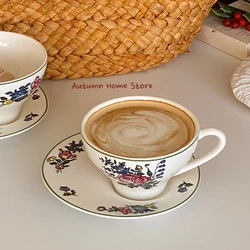 Retro Afternoon Tea Ceramic Coffee Cups and Plates Household European Floral Latte with Ear Hanging Ice American Style