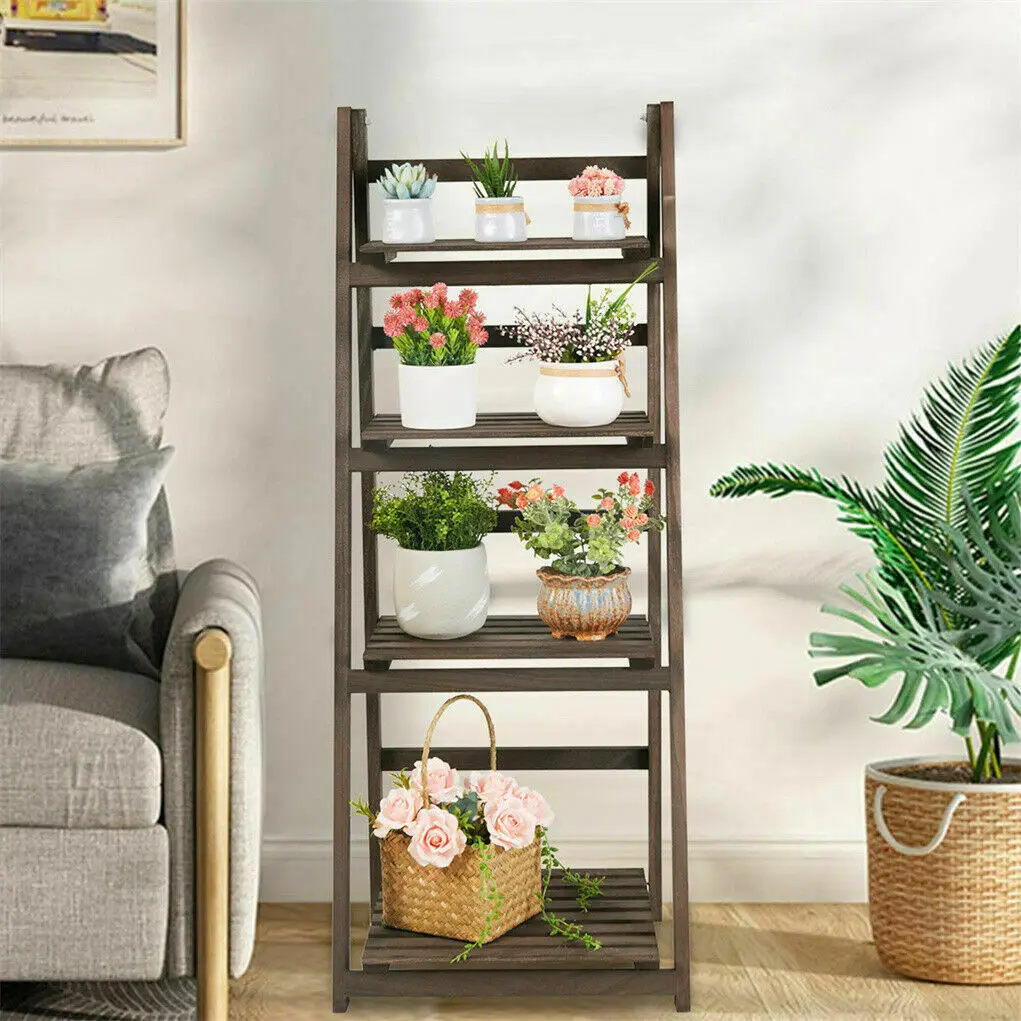 43" Foldable Ladder Shelf Plant Stand Indoor Flower Pot Stand Patio Rustic Wood Stand with Shelves 4 Tier Stand Outdoor Pot Rack