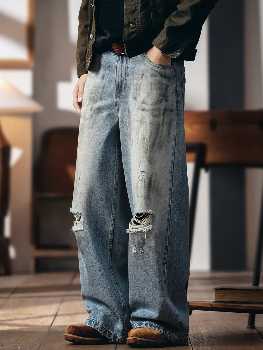 

Мужские джинсы в американском ретро-стиле с рисунком оленя, с эффектом потертости, свободного прямого кроя, повседневные, в пол.