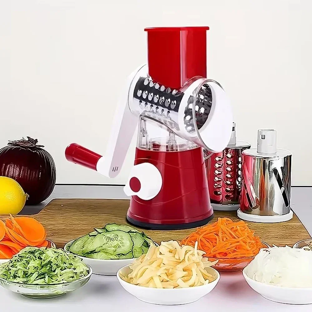 

Stainless Steel 3 Blade Cheese Shredder Manual Hand Kitchen Rotary Grater Reinforced Suction Vegetable Chopper Round Slicer