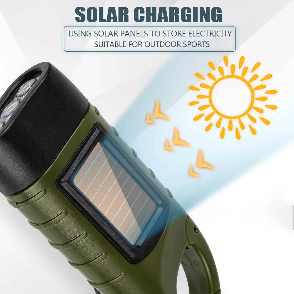 LED Flashlight Solar Power Portable Tent Light Hand Crank Dynamo Torch Lantern for Outdoor Camping Mountaineering