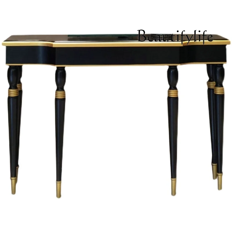 

American light luxury entrance table ultra-narrow solid wood against the wall strip semi-round table European black gold-painted