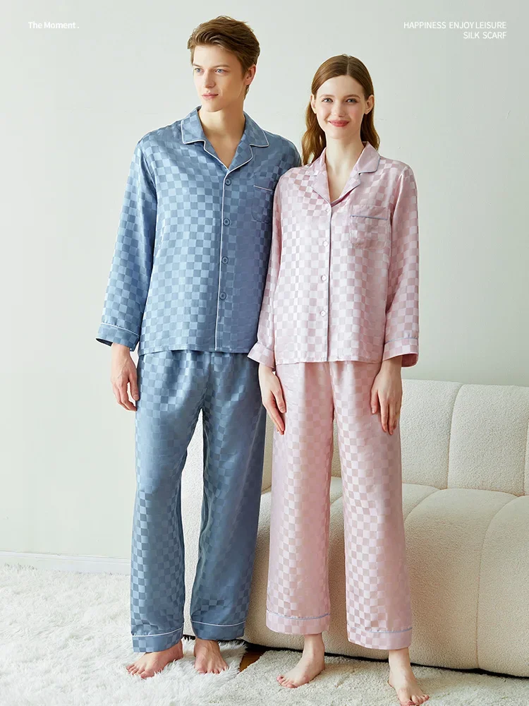 

Жаккардовые пижамы для пар из 100% тутового шелка 19 мм, мужские и женские брюки с длинными рукавами, домашний костюм, осенне-рождественская одежда для сна PJ