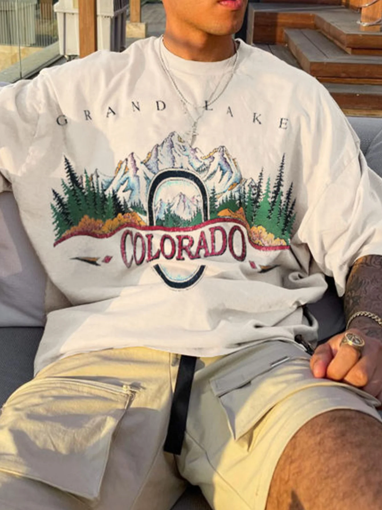 Camiseta Masculina Clássica OBM Star Sail de Verão com Estampa de Montanhas do Colorado, Solta e Casual, de Manga Curta e Respirável