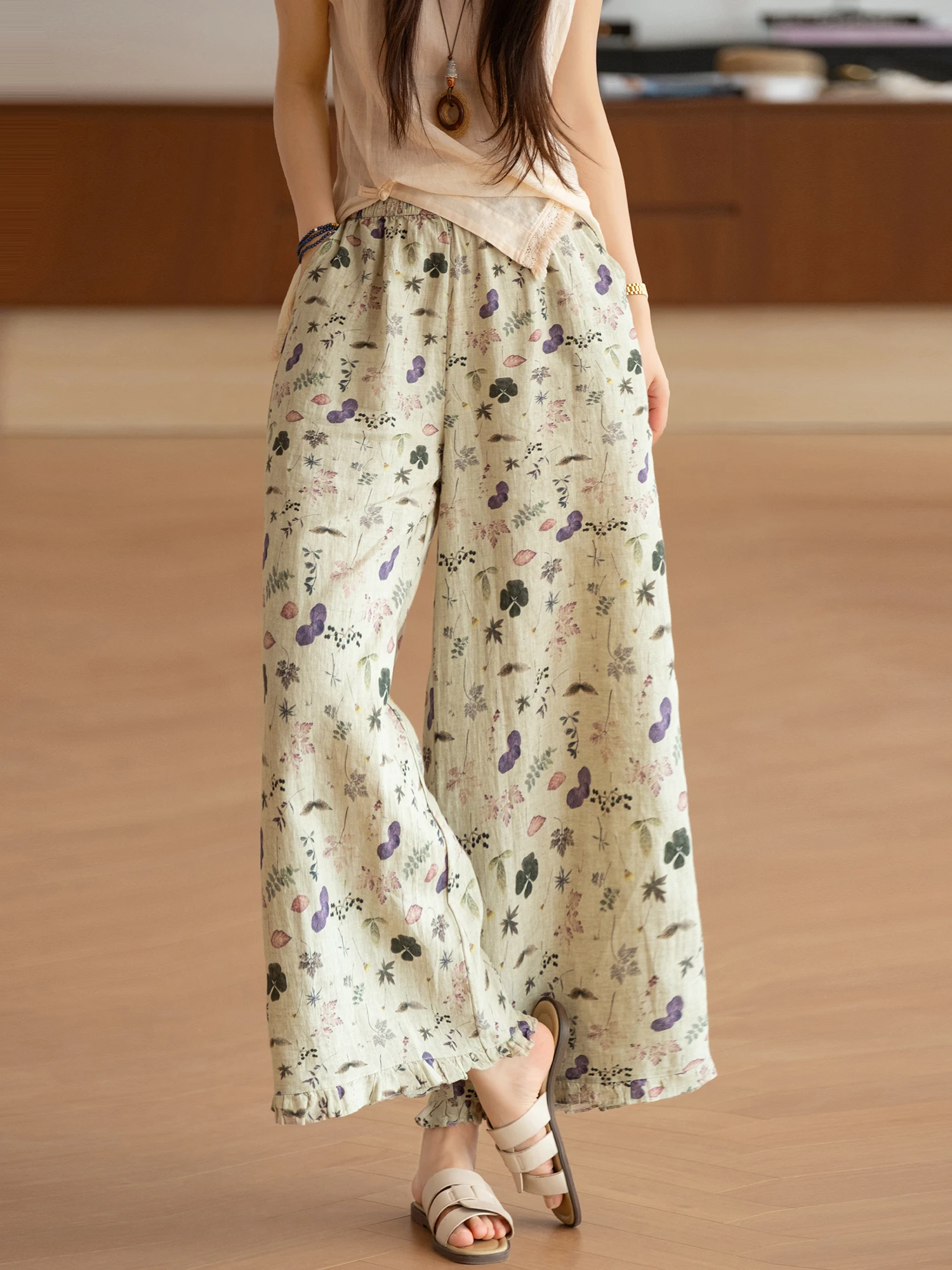 Natural Waist Linen Wide Leg Pants Women's Casual Trousers Breathable Comfortable Floral Print  Embellished Loose Fit