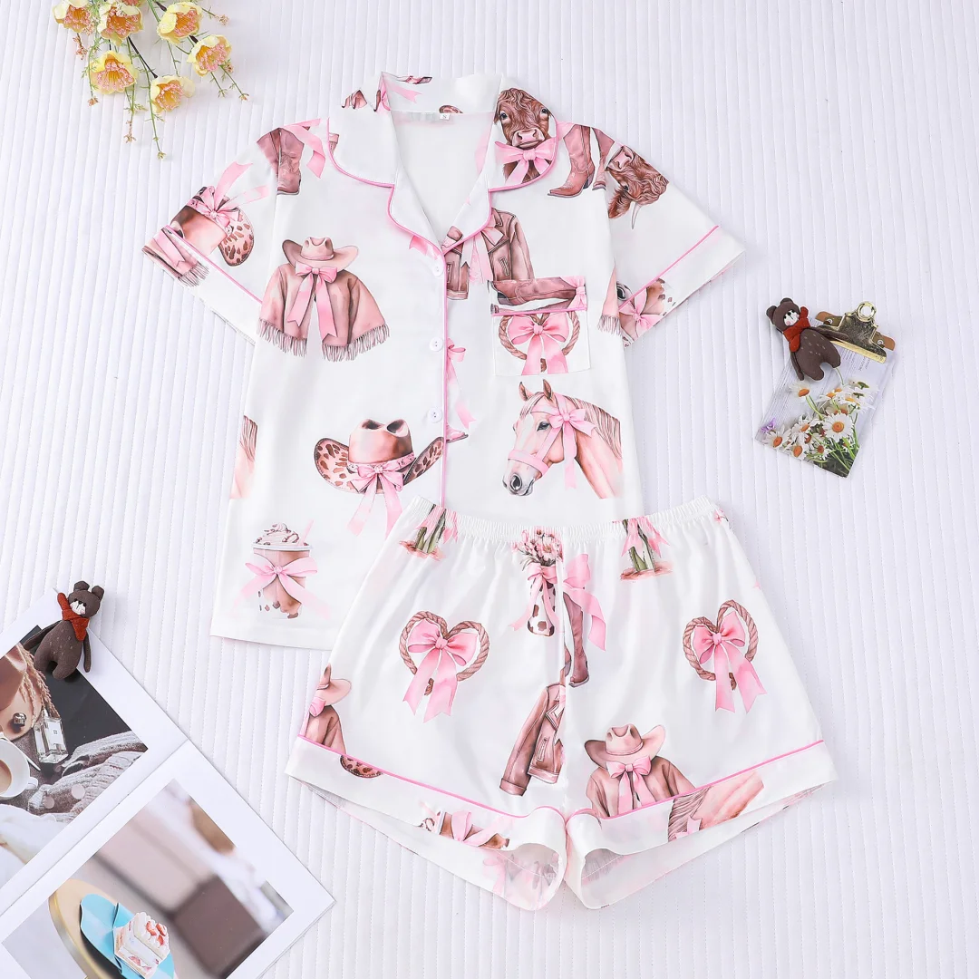 

White Cowboy Themed Pajama with Cow Horse Animals Print Lapel Short Sleeve Shorts Loungewear Home Wear Set Clothes Women Gifts