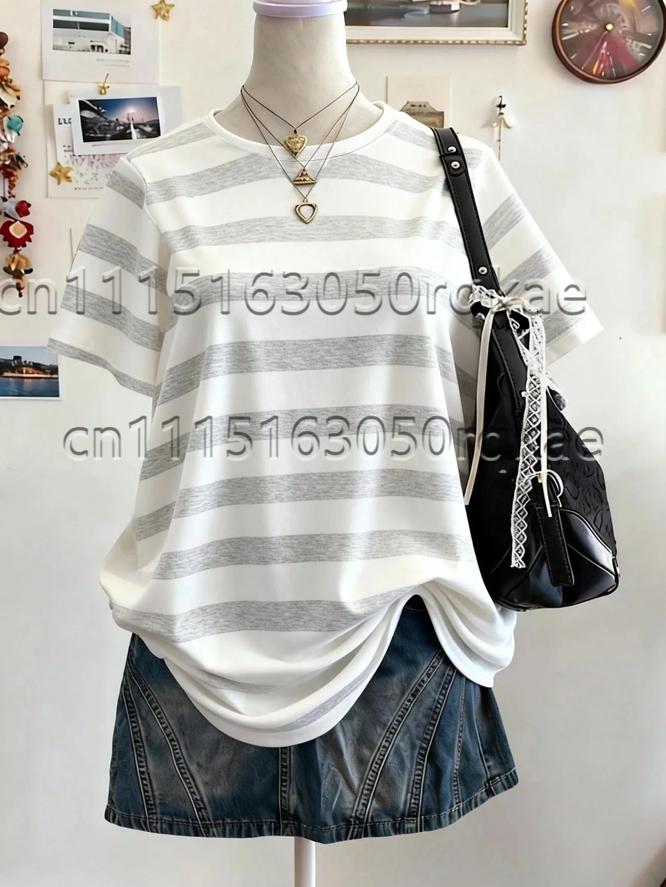 2026 Trendige Damen-T-Shirts mit Streifendesign und Musterdruck, Sommer-Streetwear, Minimalistisches Lässiges Kurzarm-T-Shirt für Damen – Detail 3