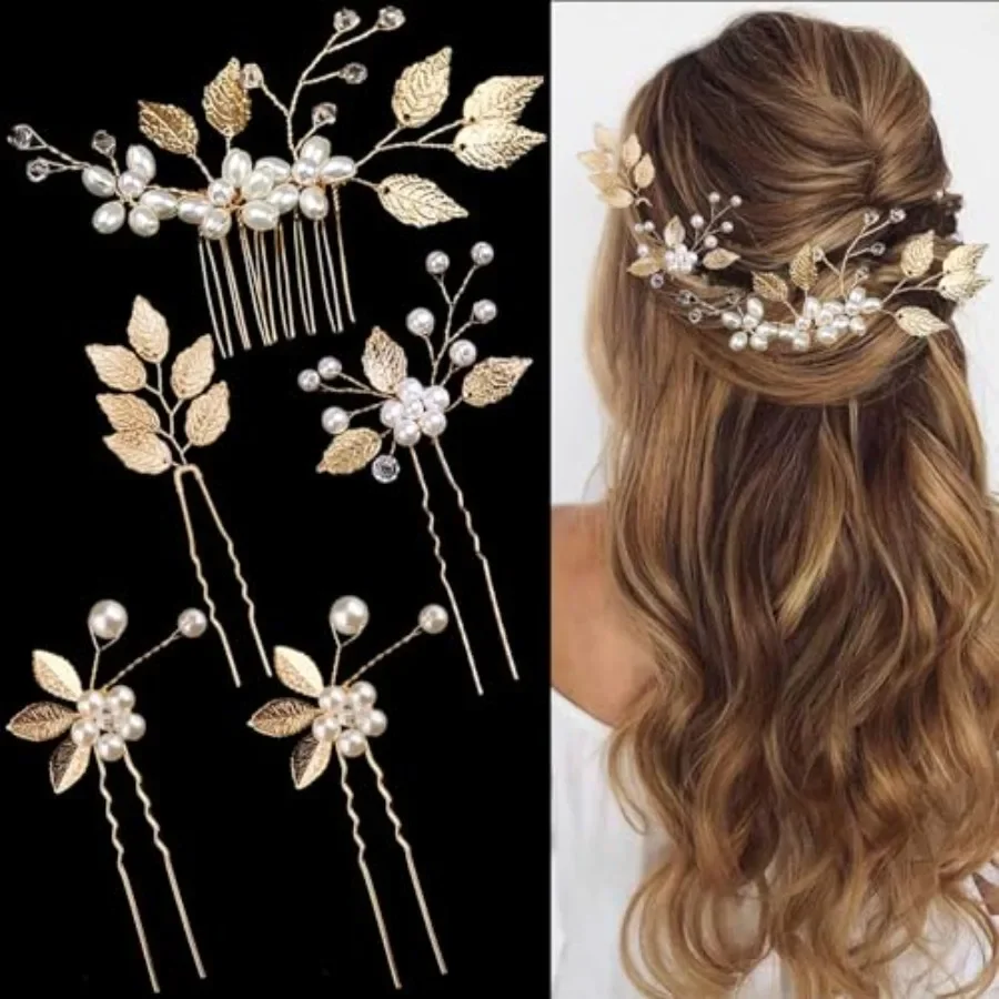 

5 PCS Bridal Wedding Hair Pins Gold Leaf Crystal Pearl Hair Pins Vintage Bridal Hair Accessories Wedding Hair Clips for Brides