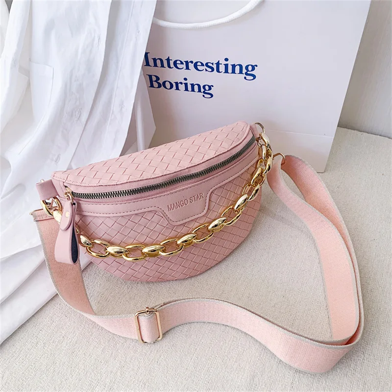 Thick Chain Women\'s Fanny Pack Plaid leather Waist Bag Shoulder Crossbody Chest Bags Luxury Designer Handbags Female Belt Bag