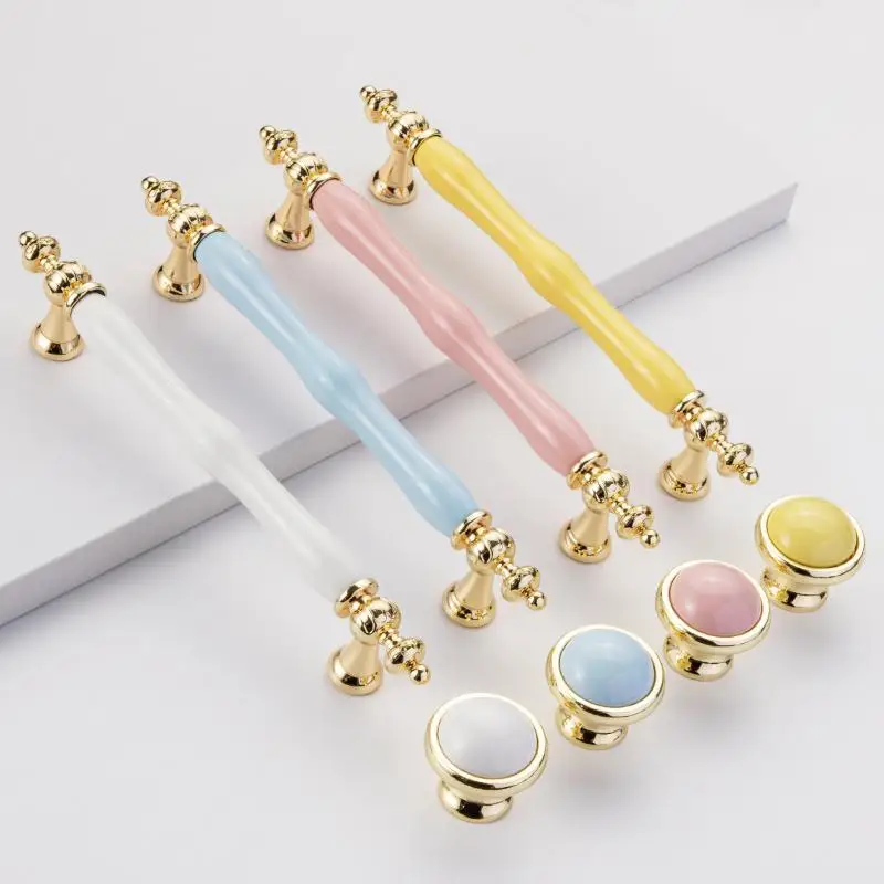 Modern Colored Ceramic Furniture Handle Golden Wardrobe Cabinet Handles Closet Door Knob Dressing Table And Drawer Pull Hardware