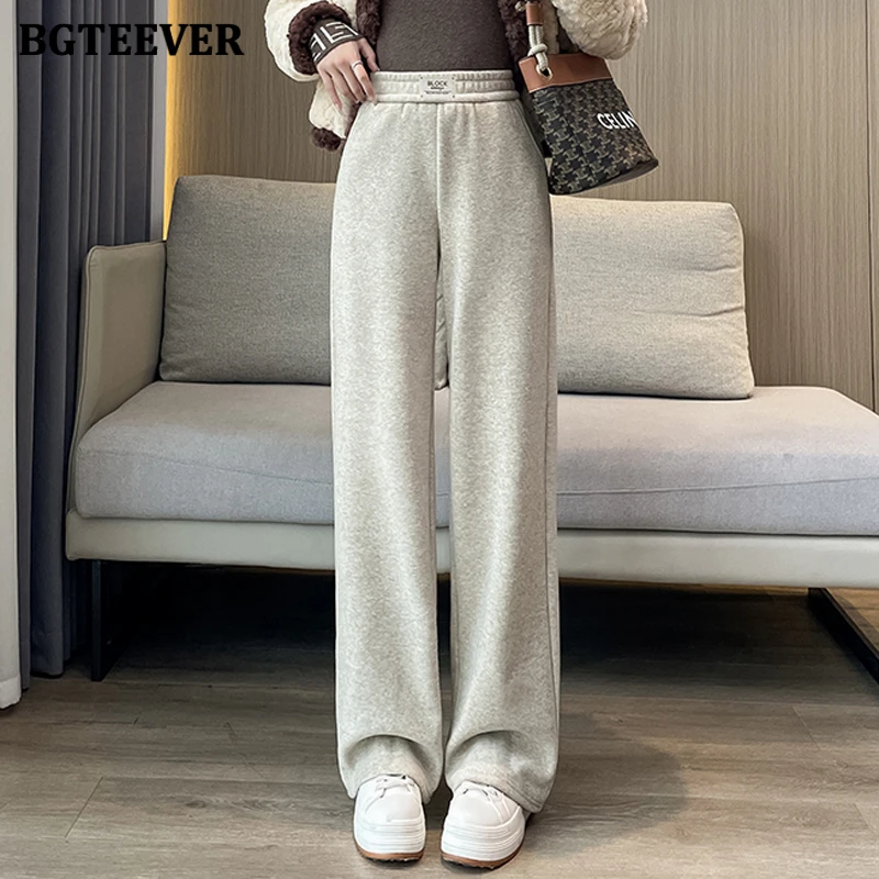 

BGTEEVER Stylish Elastic Waist Warm Loose Female Knitted Straight Trousers Casual Thicken Velvet Ladies Wide Leg Sweater Pants