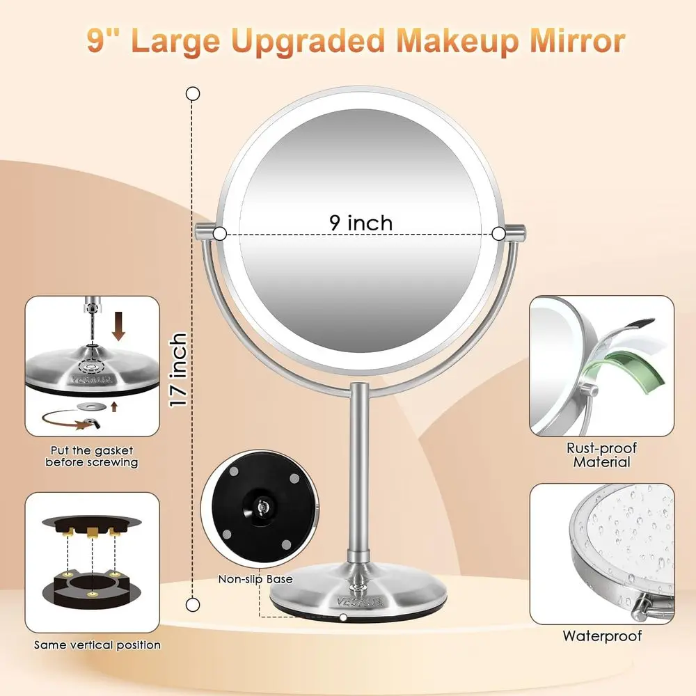 9 Miroir de maquillage éclairé par LED double face avec batterie 5000 mAh, 360 °   Rotation pour voyage, finition nickel perlé