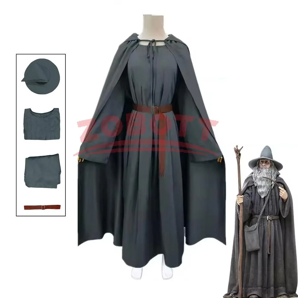

Movie Gandalf Cosplay Costume Hobbit Long Gray Cloak Jumpsuit with Hat Belt Halloween Fancy Dress for Man